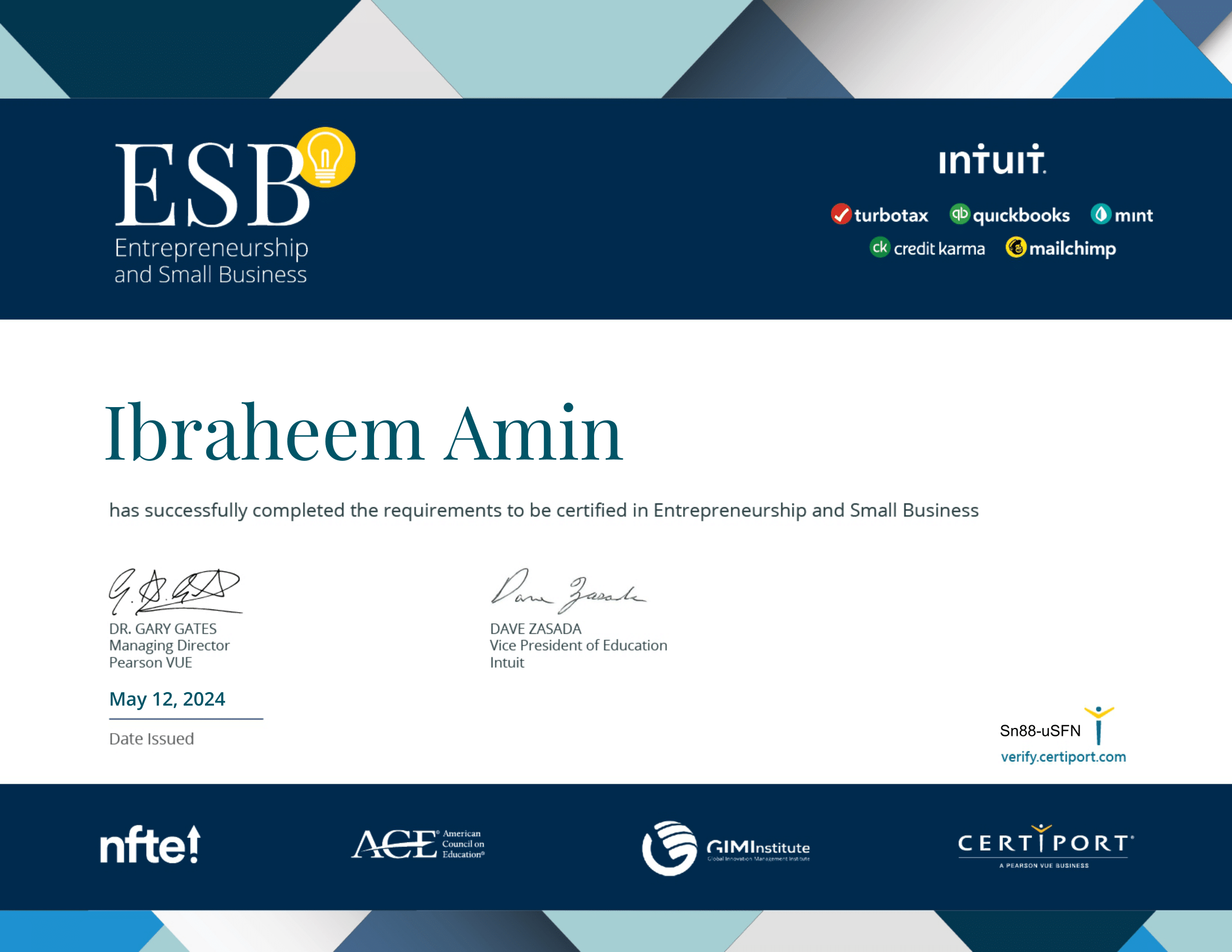 ESB: Entrepreneurship & Small Business certificate scan